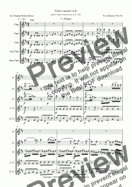 page one of Mozart, ’Flute Concerto’ in D (after Violin Concerto no 4, K. 218) for flute choir (3fl, afl, bassfl), movt 1, Allegro. 
