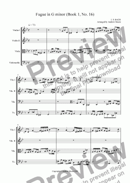 page one of Fugue in G minor (Book 1, No. 16) arr. for String Quartet