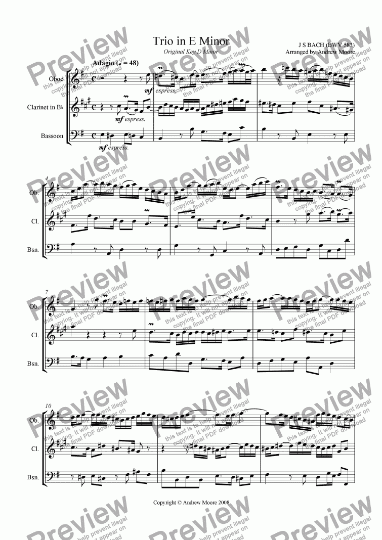page one of Trio in E minor BWV 583 for Wind Trio