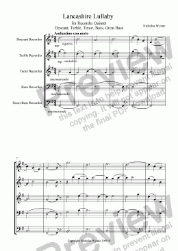 page one of Lancashire Lullaby for Recorder Quintet