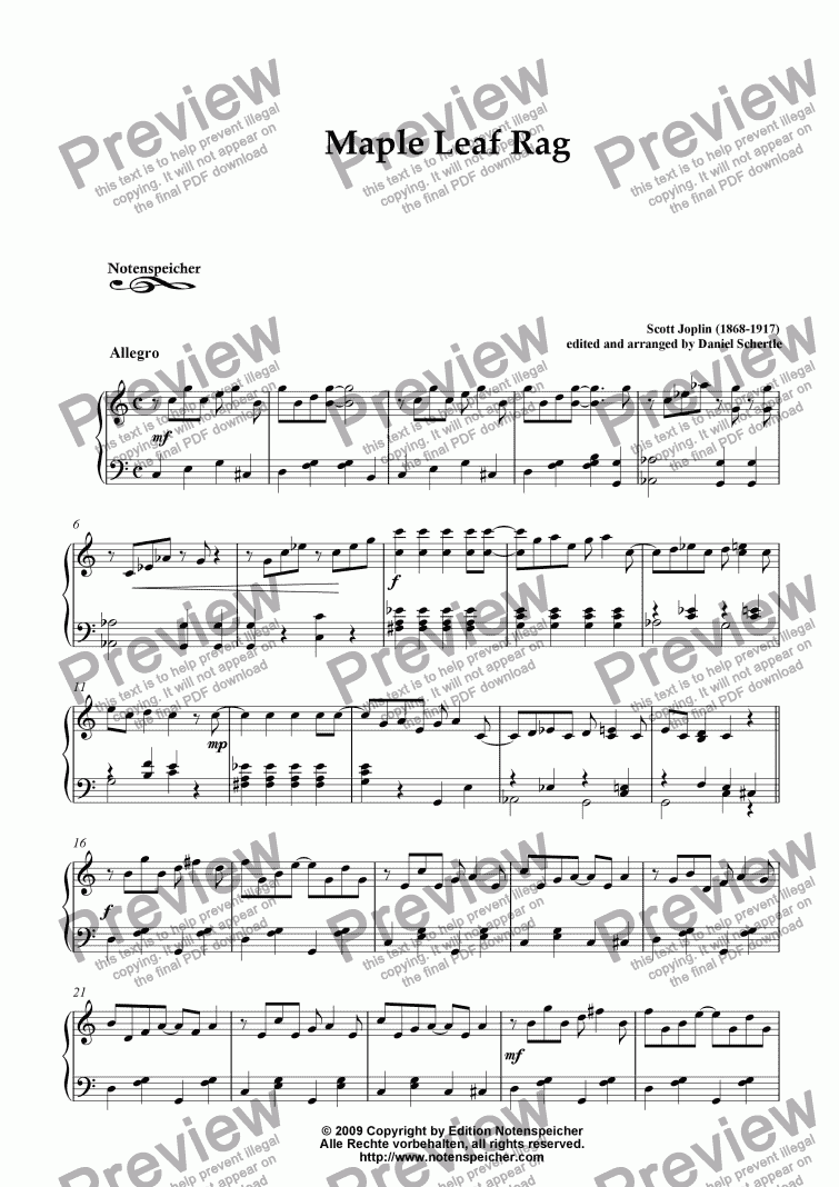 page one of Maple Leaf Rag, very easy piano version (S. Joplin)