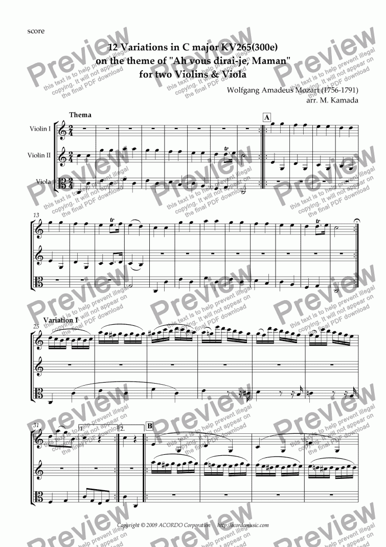 page one of 12 Variations in C major KV265(300e) on the theme of "Ah vous dirai-je, Maman" for two Violins & Viola