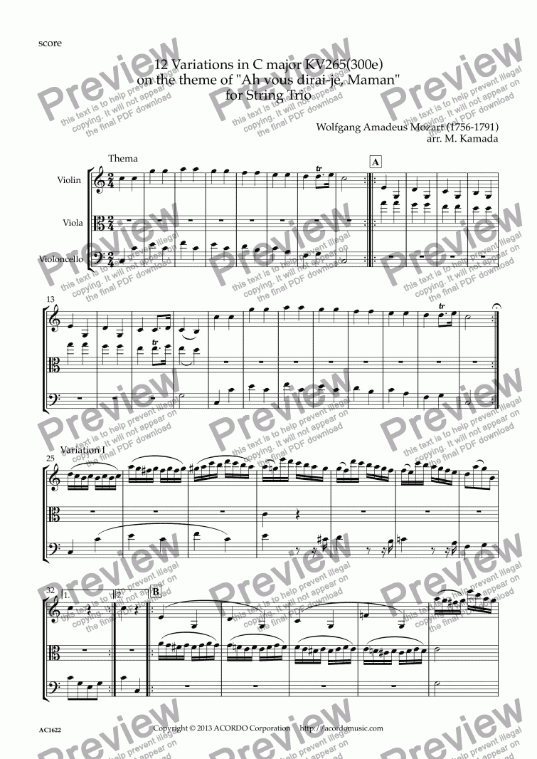 page one of 12 Variations in C major KV265(300e) on the theme of "Ah vous dirai-je, Maman" for String Trio