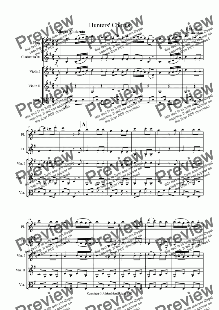 page one of Hunters’ Chorus - For Flute, Clarinet and String Trio