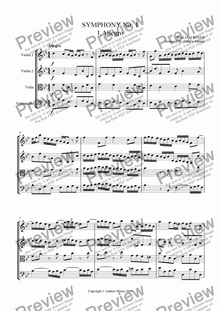 page one of ’Allegro from Symphony No 1’ for String Quartet