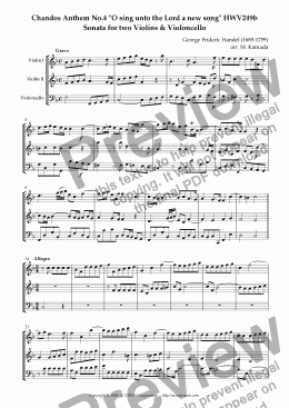 page one of Chandos Anthem No.4 "O sing unto the Lord a new song" HWV249b Sonata for two Violins & Violoncello