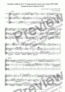 page one of Chandos Anthem No.4 "O sing unto the Lord a new song" HWV249b Sonata for two Violins & Viola