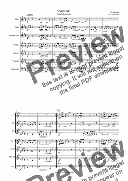 page one of Sarabande from Holberg Suite - with Flute, Oboe, Clarinet & String Quartet