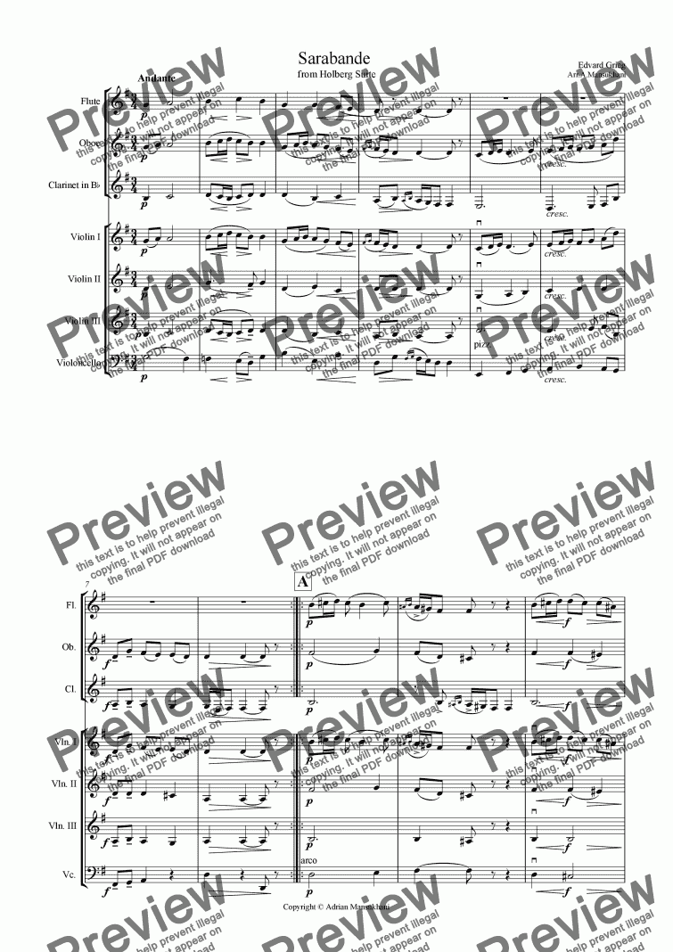 page one of Sarabande from Holberg Suite - with Flute, Oboe, Clarinet & String Quartet