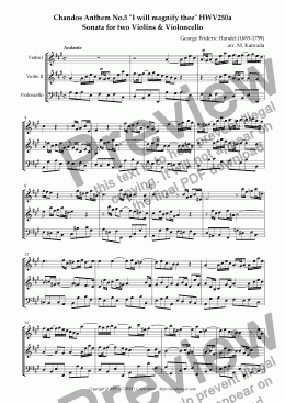 page one of Chandos Anthem No.5 "I will magnify thee" HWV250a Sonata for two Violins & Violoncello