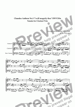 page one of Chandos Anthem No.5 "I will magnify thee" HWV250a Sonata for Clarinet Trio
