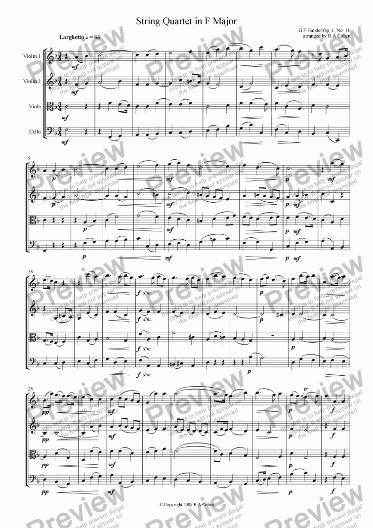 page one of Handel - STRING QUARTET in F Major