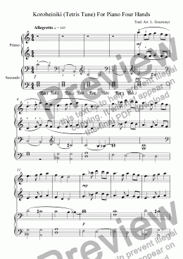 page one of Korobeiniki, Tetris Tune (Piano Duet)