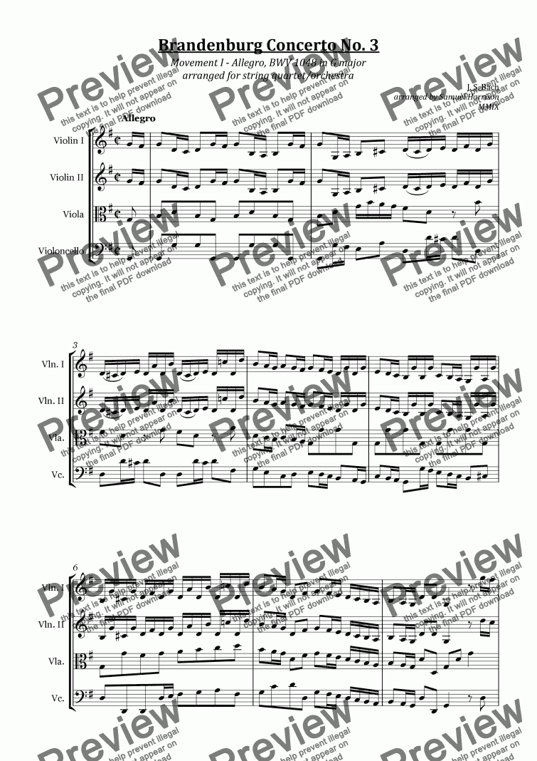 page one of Brandenburg Concerto No. 3 (I. Allegro) - BVW 1048 (for string quartet/orchestra)
