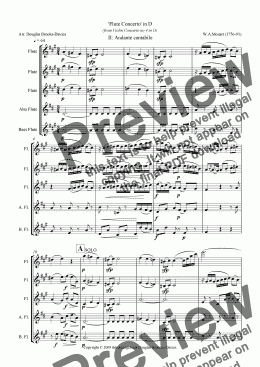 page one of Mozart, ’Flute Concerto’ in D, after Violin Concerto no 4 (K. 218) for flute choir (3fl, afl,bassfl), movt 2, Andante cantabile.  