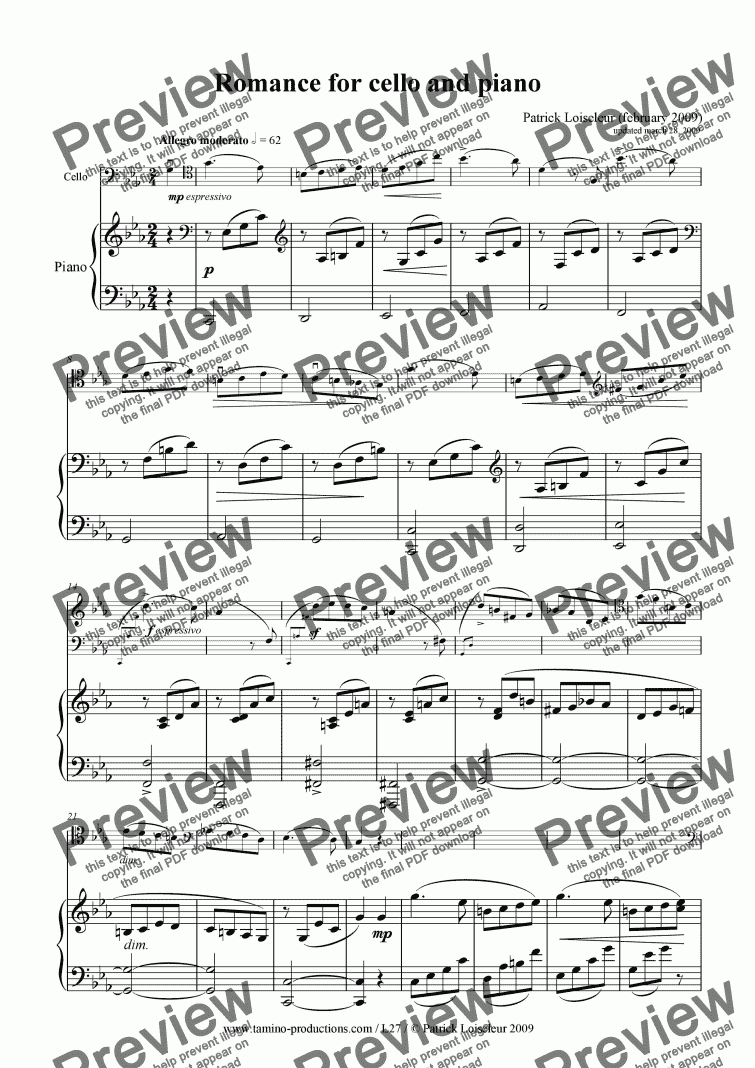 page one of Romance for cello and piano