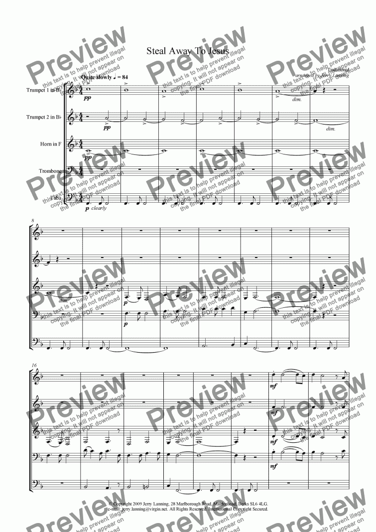 page one of Steal Away To Jesus (brass quintet)