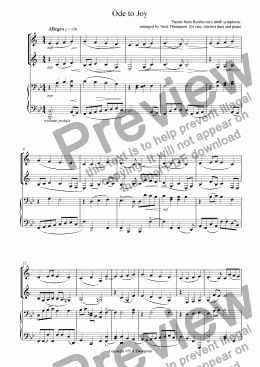 page one of Ode to Joy for easy clarinet duet and piano