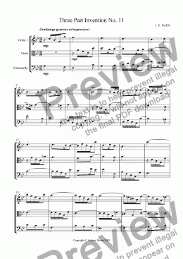 page one of Three Part Invention No 11 in G minor arranged for String Trio