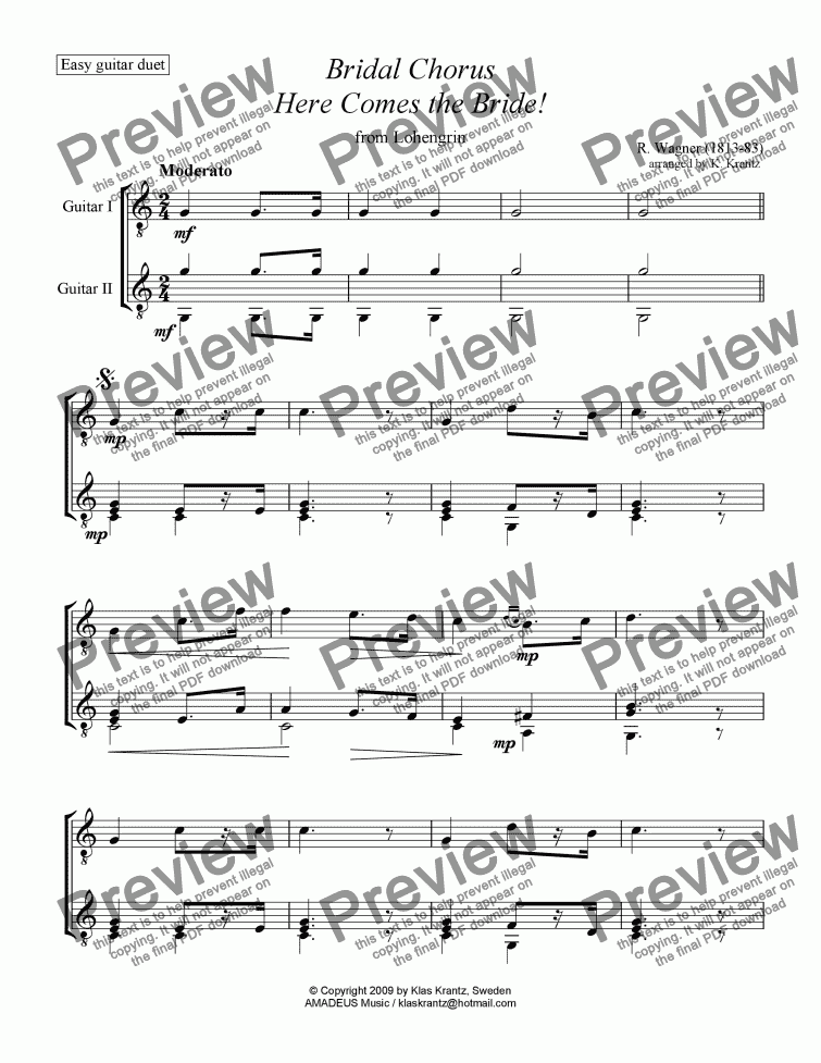 page one of Bridal chorus from Lohengrin - Here comes the bride! for easy guitar duet