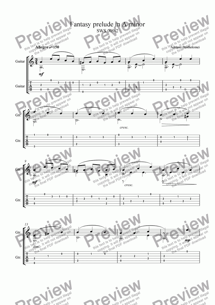 page one of Fantasy prelude in Am for guitar+ tab