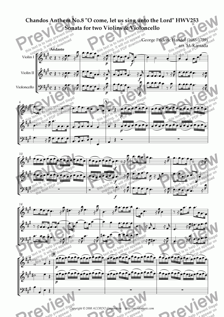 page one of Chandos Anthem No.8 "O come, let us sing unto the Lord" HWV253 Sonata for two Violins & Violoncello