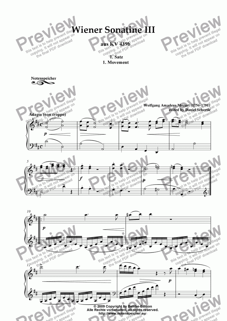 page one of Wiener Sonatine III KV 439b, 1. Movement, Adagio (W.A.Mozart)