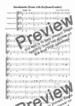 page one of Haendel: Sarabande in D minor for clarinet quartet