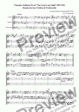 page one of Chandos Anthem No.10 "The Lord is my light" HWV255 Sonata for two Violins & Violoncello