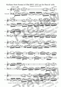 page one of Siciliano from Sonata in Eflat BWV 1031 arr for flute & ’cello