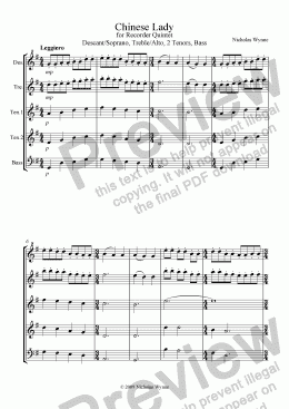 page one of Chinese Lady for Recorder Quintet