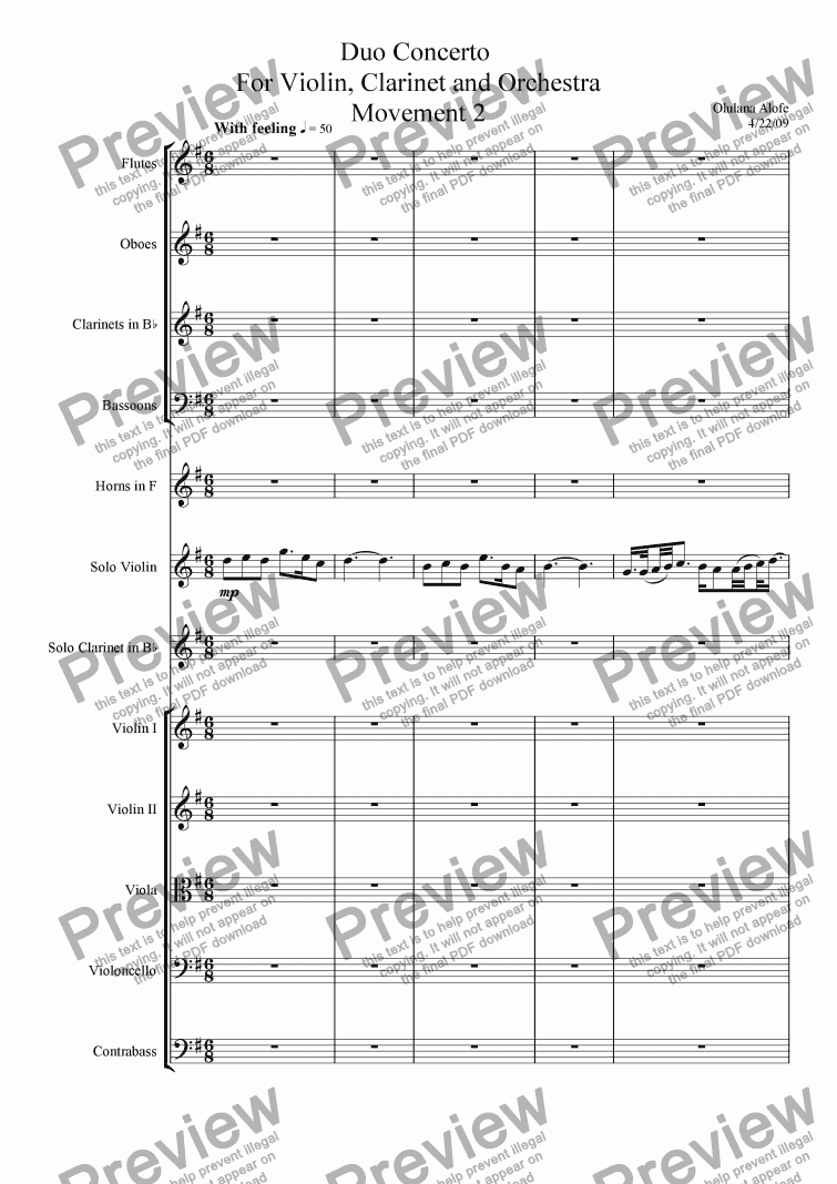 page one of Duo Concerto for Violin, Clarinet and Orchestra - Movement 2