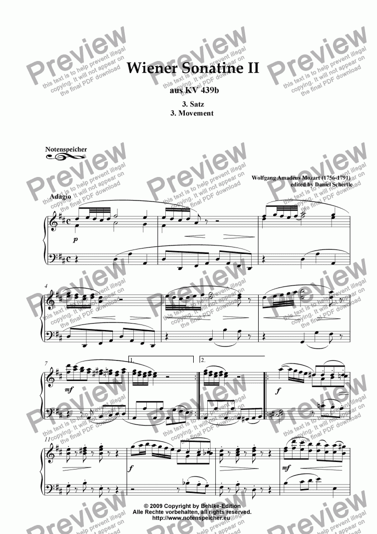 page one of Wiener Sonatine II from KV 439b, 3. Movement - Adagio (W.A.Mozart)