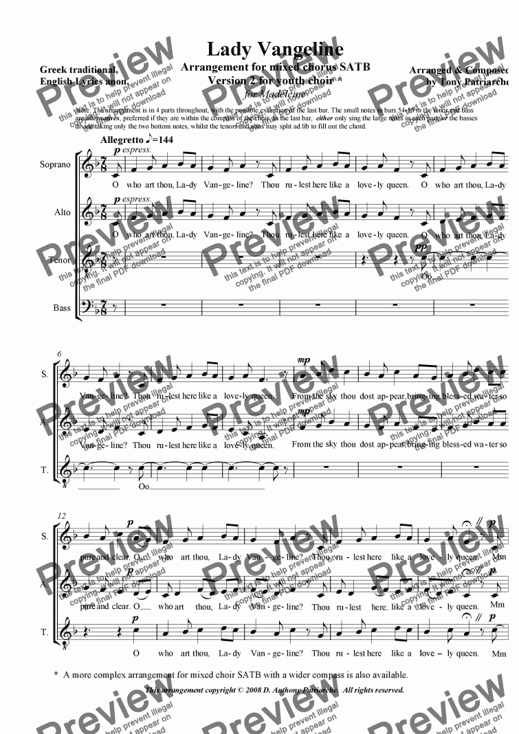 page one of Lady Vangeline - Youth Choir