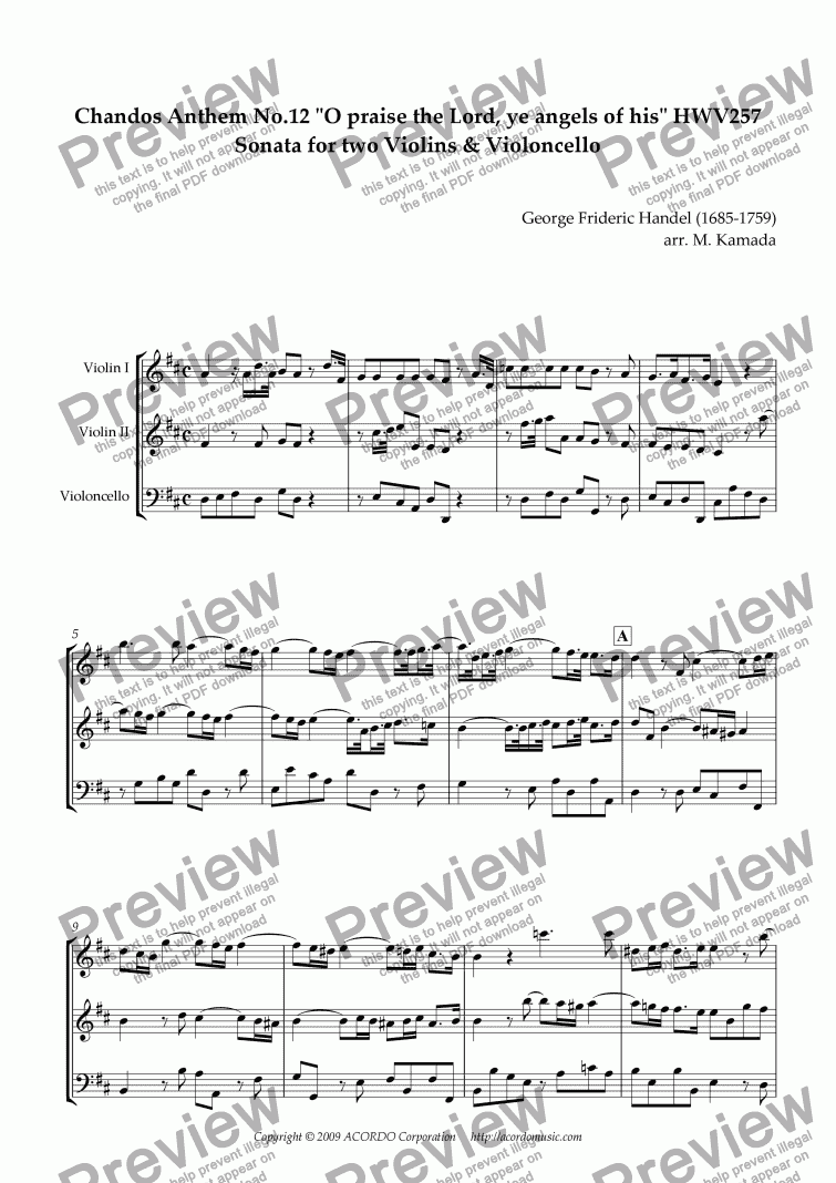 page one of Chandos Anthem No.12 "O praise the Lord, ye angels of his" HWV257 Sonata for two Violins & Violoncello