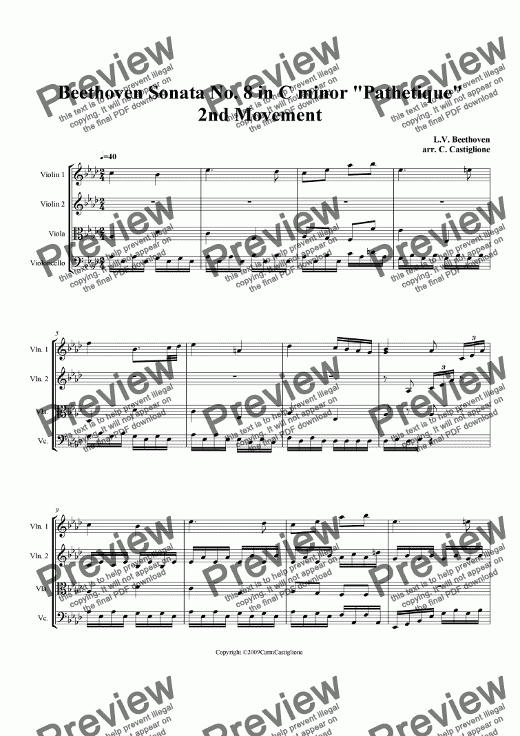 page one of Beethoven Pathetique( for String Quartet)-2nd Movement