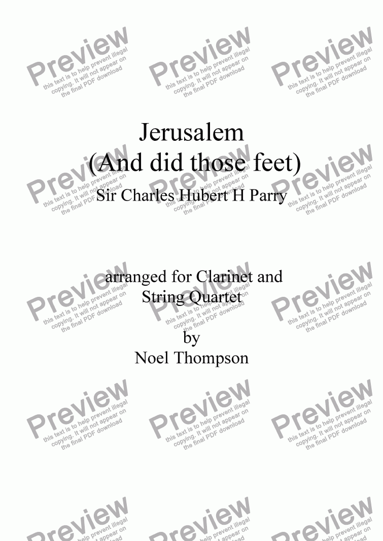 page one of Jerusalem (And did those feet)arr. Clarinet & Str. Qtet