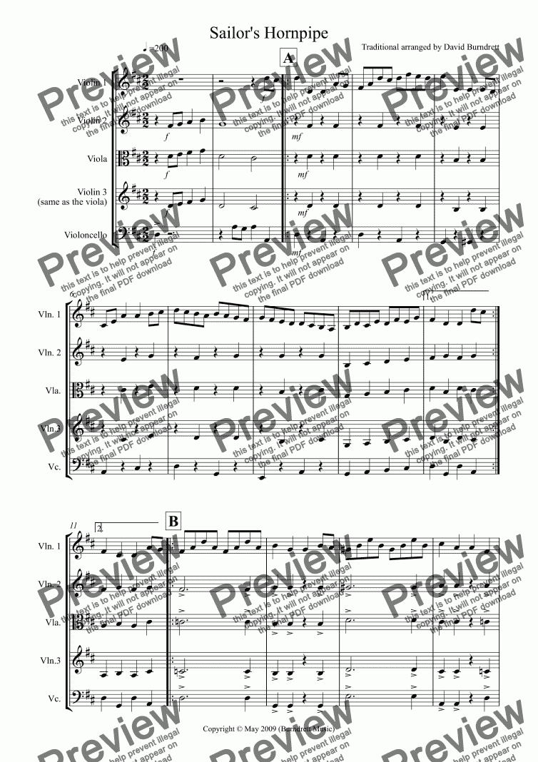 page one of Sailor’s Hornpipe for String Quartet