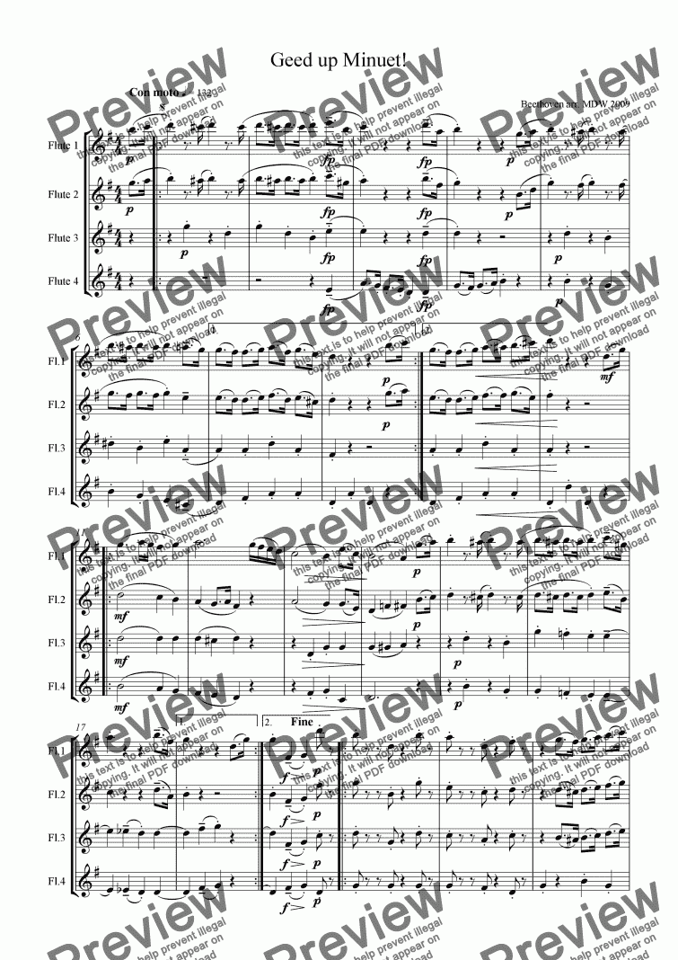 page one of Flute Quartet: Geed Up Minuet! by Beethoven