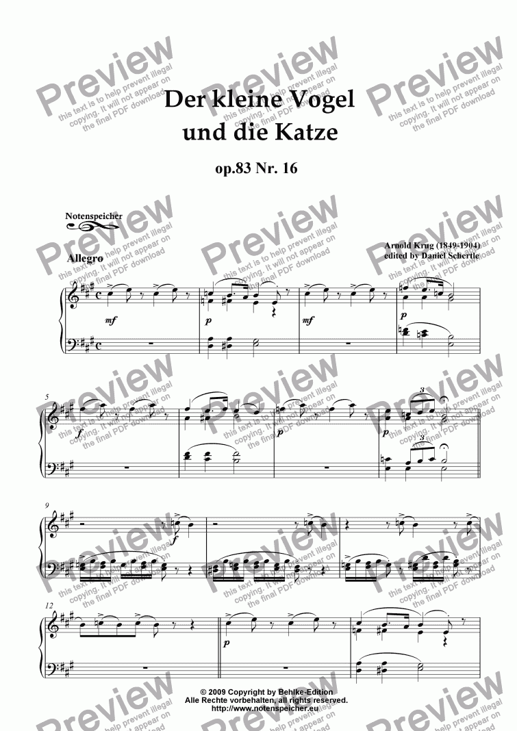 page one of Der kleine Vogel und die Katze (The little Bird and the Cat) op.83 Nr. 16 (A. Krug)