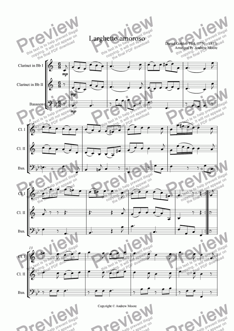 page one of Larghetto Amoroso arranged for Wind Trio