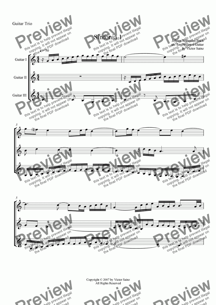 page one of J. S. Bach Sinfonia 1 (plectrum guitar trio)