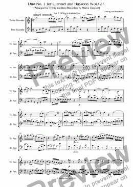 page one of Duo No. 1 for Clarinet and Bassoon, arranged for Treble and Bass Recorders
