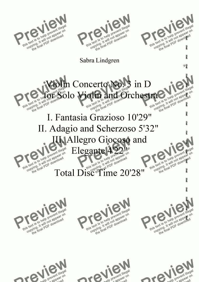 page one of Violin Concerto No. 3 in D  for Solo Violin and Orchestra, II. Adagio and Scherzoso