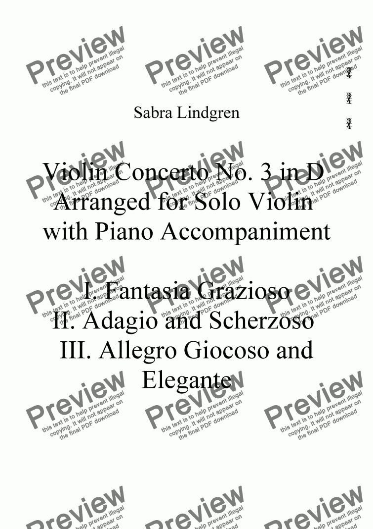 page one of Violin Concerto No. 3 in D Arranged for Solo Violin with Piano Accompaniment, II. Adagio and Scherzo