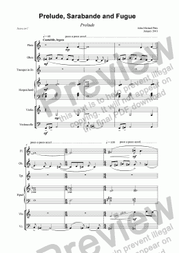 page one of Prelude, Sarabande & Fugue (fl., ob., trp., harpsichord, vln. & vc.) [2001]