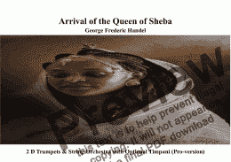 page one of Arrival of the Queen of Sheba for 2 D Trumpets & String Orchestra