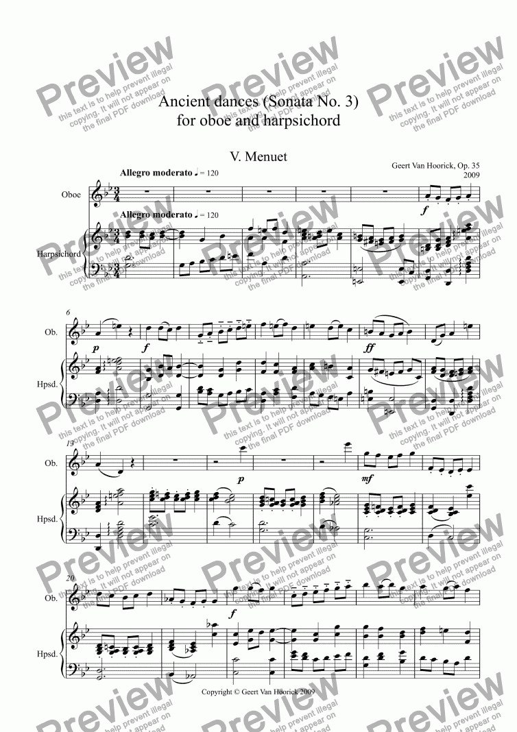 page one of Ancient dances (Sonata No. 3) for oboe and harpsichord, Op. 35 - V. Menuet