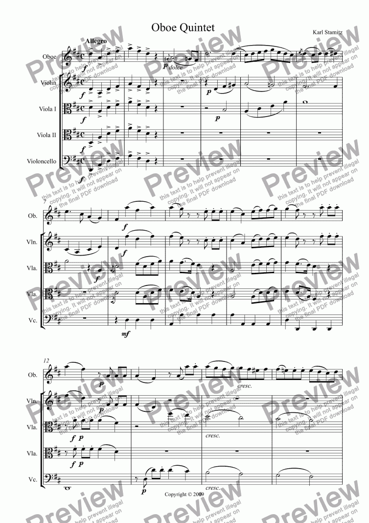 page one of Quintet for Oboe & Strings by Stamitz