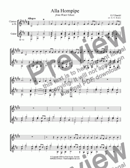page one of Alla Hornpipe from Water Music for clarinet in Bb and guitar
